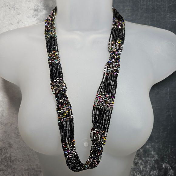 Glass Seed Bead Necklace Multi Strand Black Colorful Tubular Band Statement Boho - Picture 3 of 8